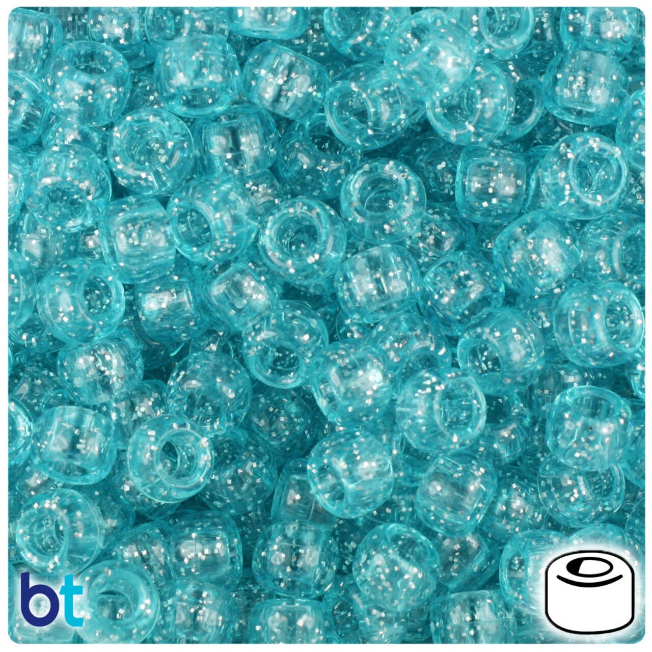 BeadTin Light Turquoise Sparkle 9mm Barrel Plastic Pony Beads (500pcs)